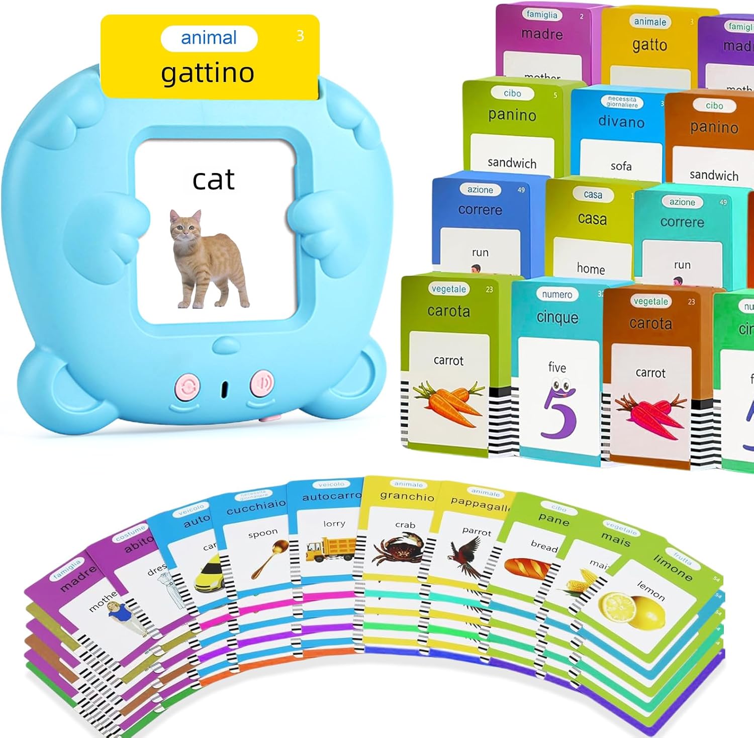 AHJ 510 Parole Schede Talking Flash Cards: set bilingue italiano-inglese per bambini (Blu)