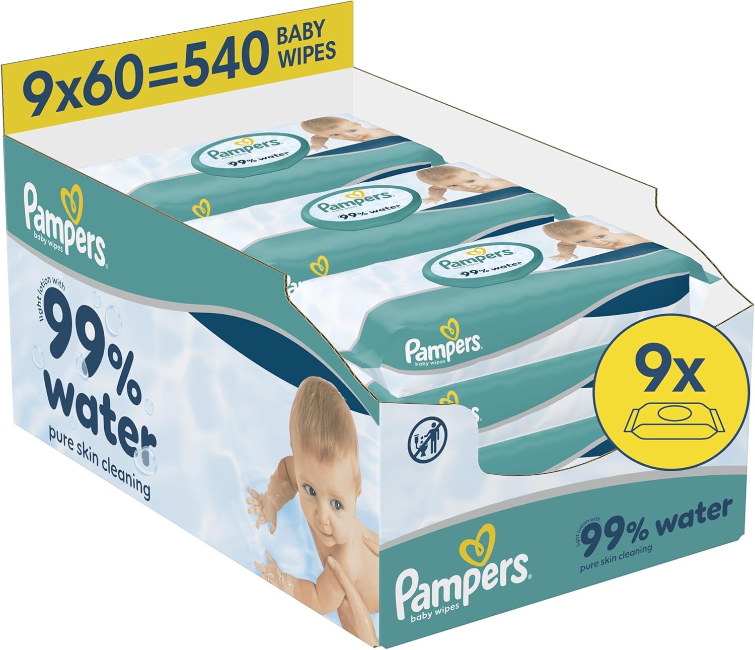 Detalle de Pampers Lingettes Bébé 99% Eau – 9 paquets (540 lingettes), Lotion Douce sans alcool ni parfum