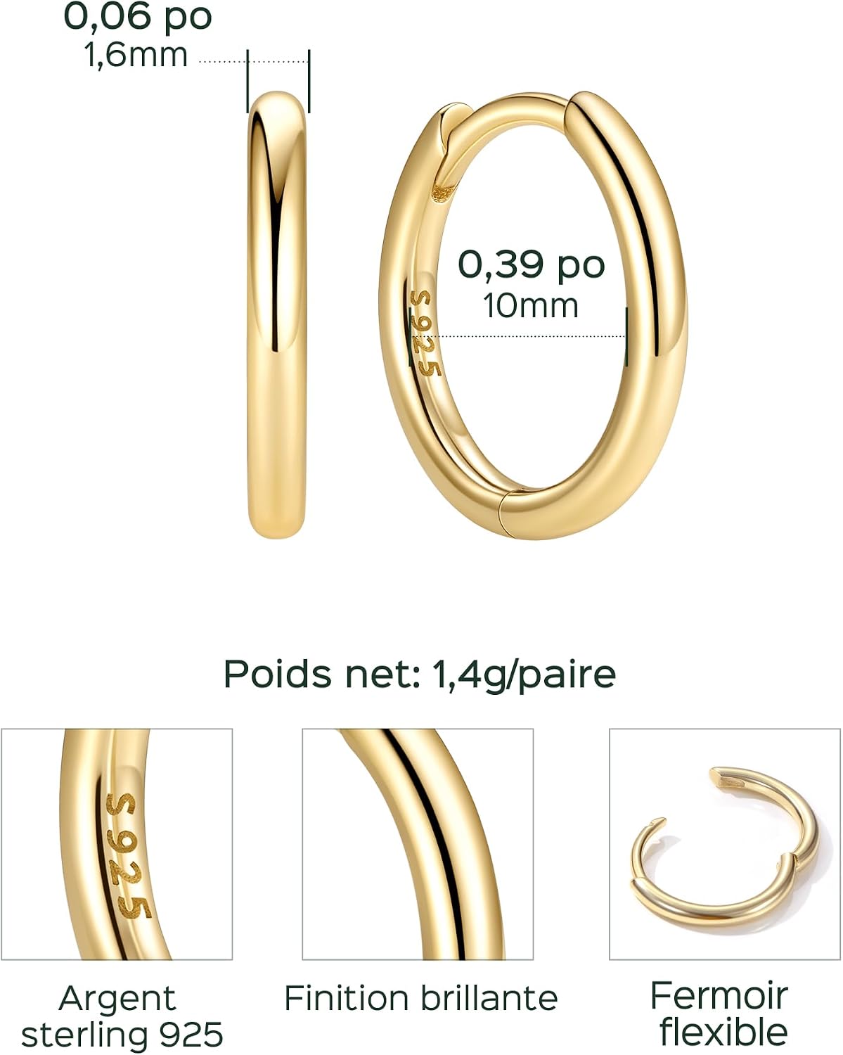 Detalle de ChicSilver Petite Créoles Argent 925 Massif – Boucles d’Oreilles mini hoop 8 à 20 mm