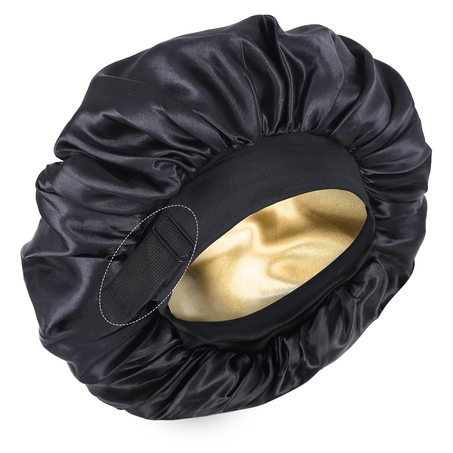 Detalle de XRACEPHOL Double-Layer Satin Sleep Bonnet, Adjustable and Reversible, Black
