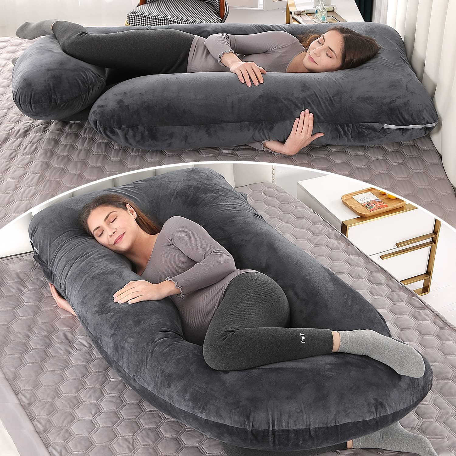 Detalle de Elover 57-Inch U-Shaped Pregnancy Pillow with Removable Velvet Cover