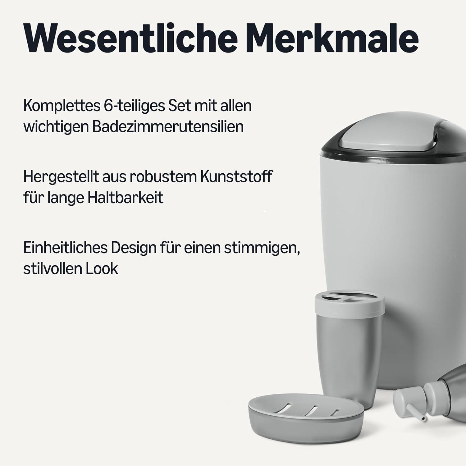 Detalle 2 de Amazon Basics Badezimmerzubehör-Set: Zahnbürstenhalter, Seifenspender, Seifenschale, Becher, Mülleimer, Toilettenbürste