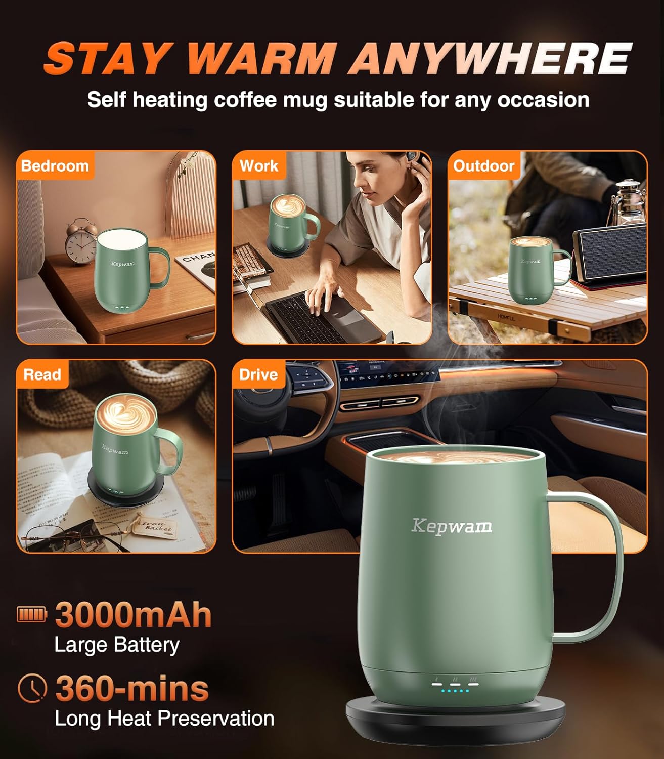 Thumbnail 3 de Kepwam Self Heating Coffee Mug T2 (16oz) — 3 Temperature Settings, No-App Smart Heated Mug