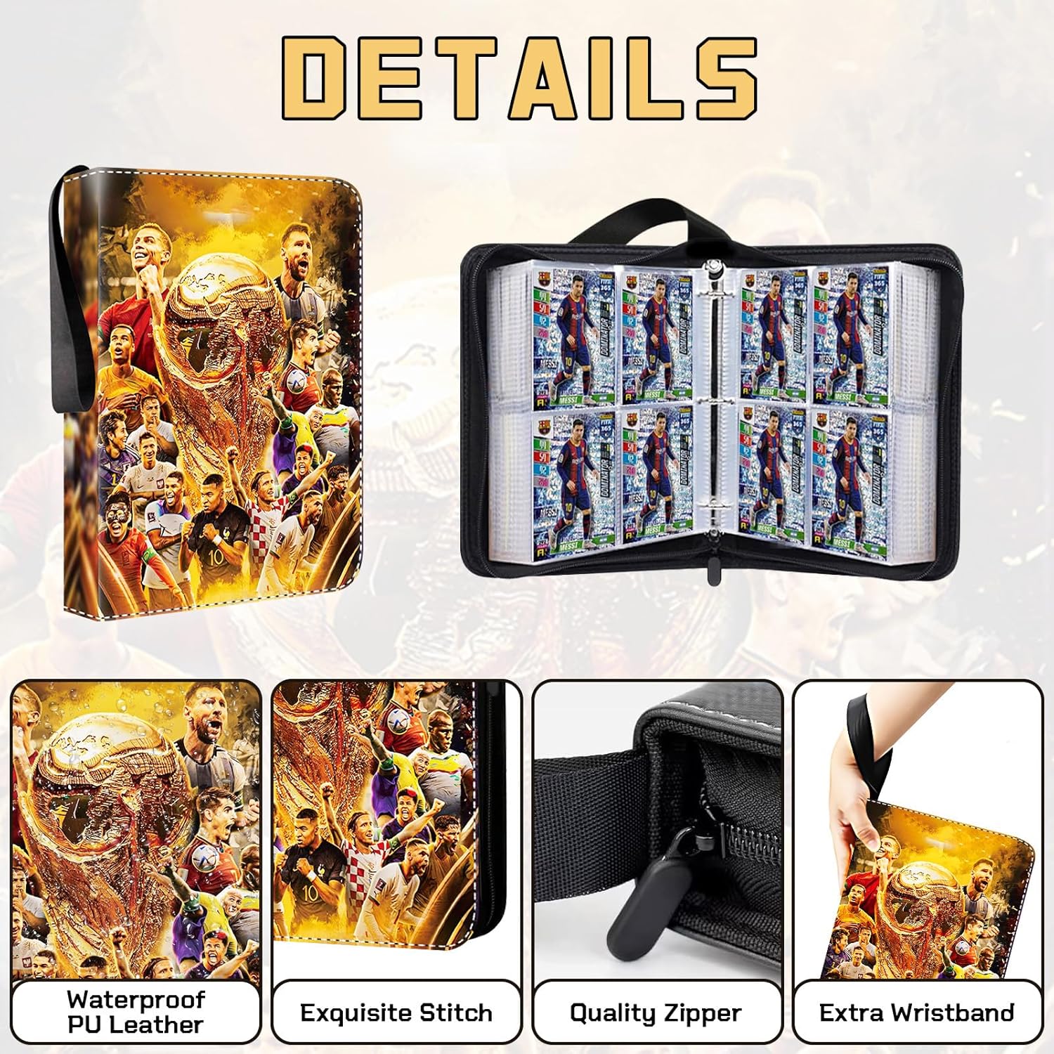 Thumbnail 2 de Sammelalbum für Fußballkarten mit 440 Sammelkarten & 55 Seiten (4 Taschen) – wasserdichtes PU-Leder, mit Reißverschluss