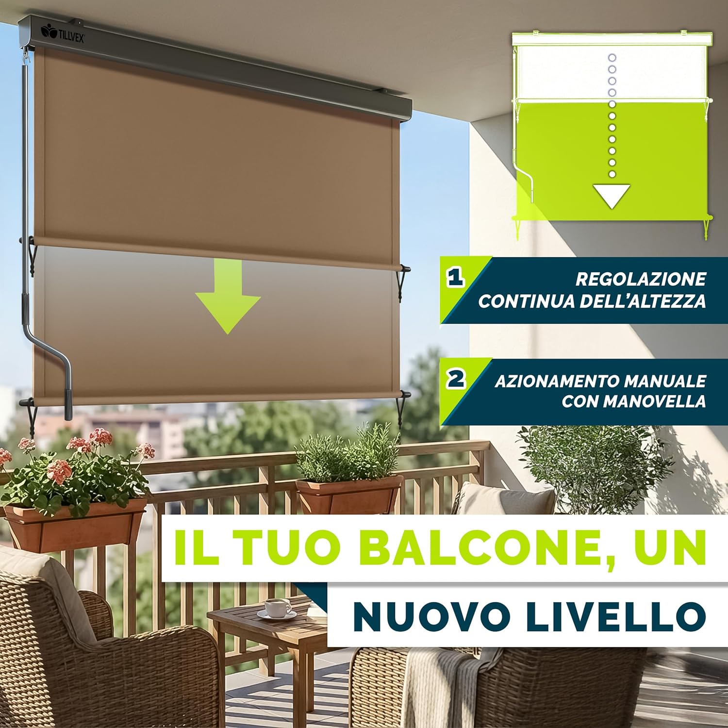 Thumbnail 1 de tillvex® Tenda da sole verticale verticale in alluminio Taupe 200 x 250 cm con manovella e copertura impermeabile