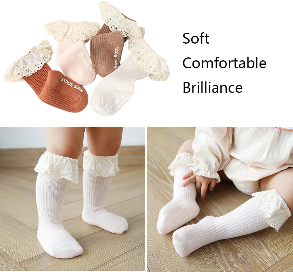 Detalle de HXQLXGT 4 Pack Baby Girls' Cotton Knee-High Socks with Lace (0–3 Years)