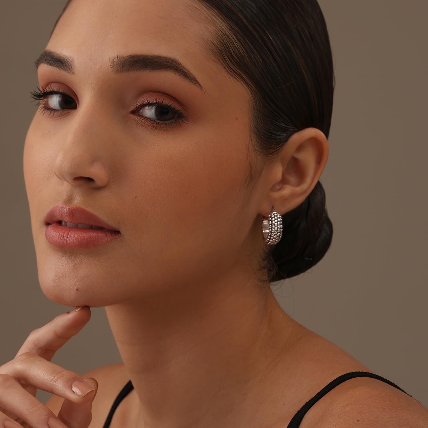 Detalle de LeCalla 925 Sterling Silber Bali-Stil Hoop Ohrringe – 20 mm, Click-Top, Antik Zwei-Ton