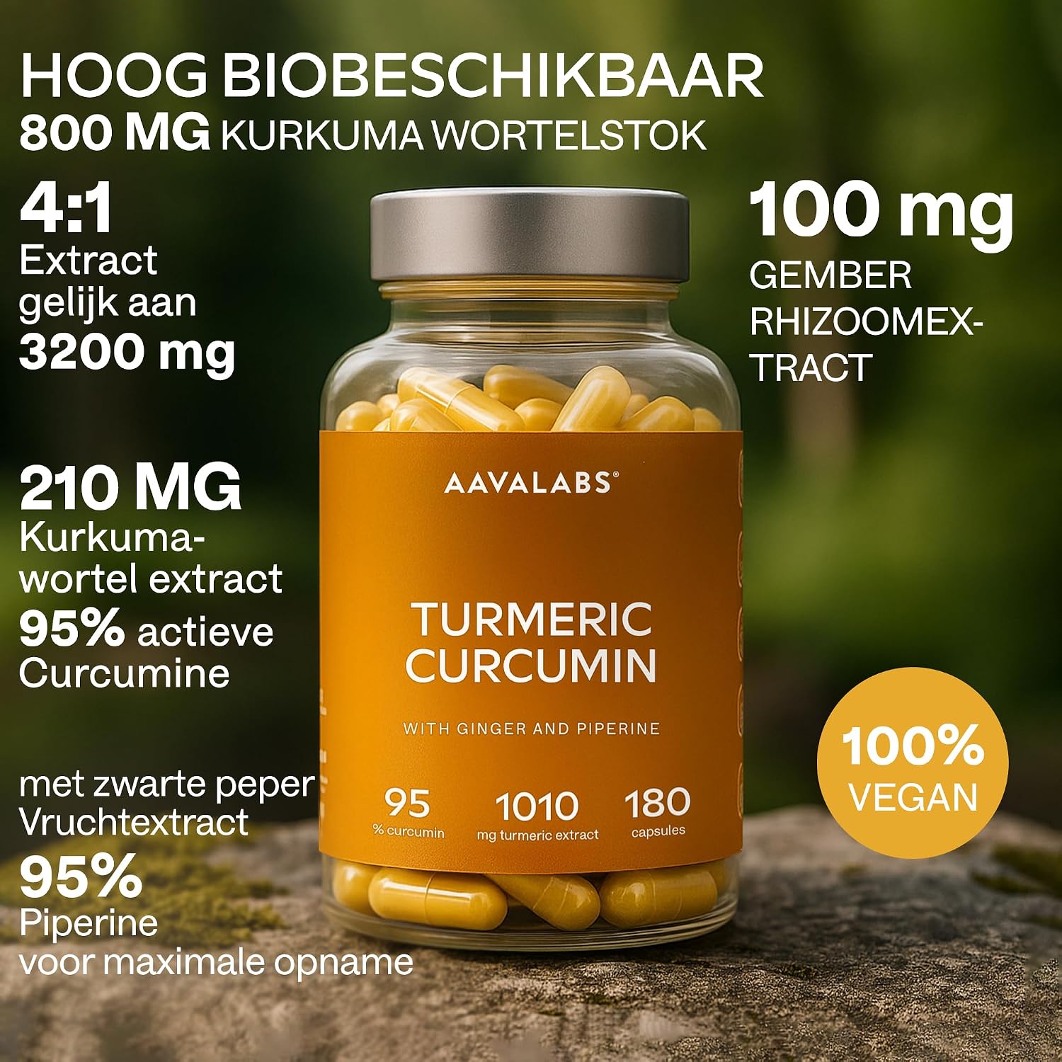 Detalle 2 de AAVALABS kurkuma- en zwartepepercapsules met gember, 95% curcumine, vegan