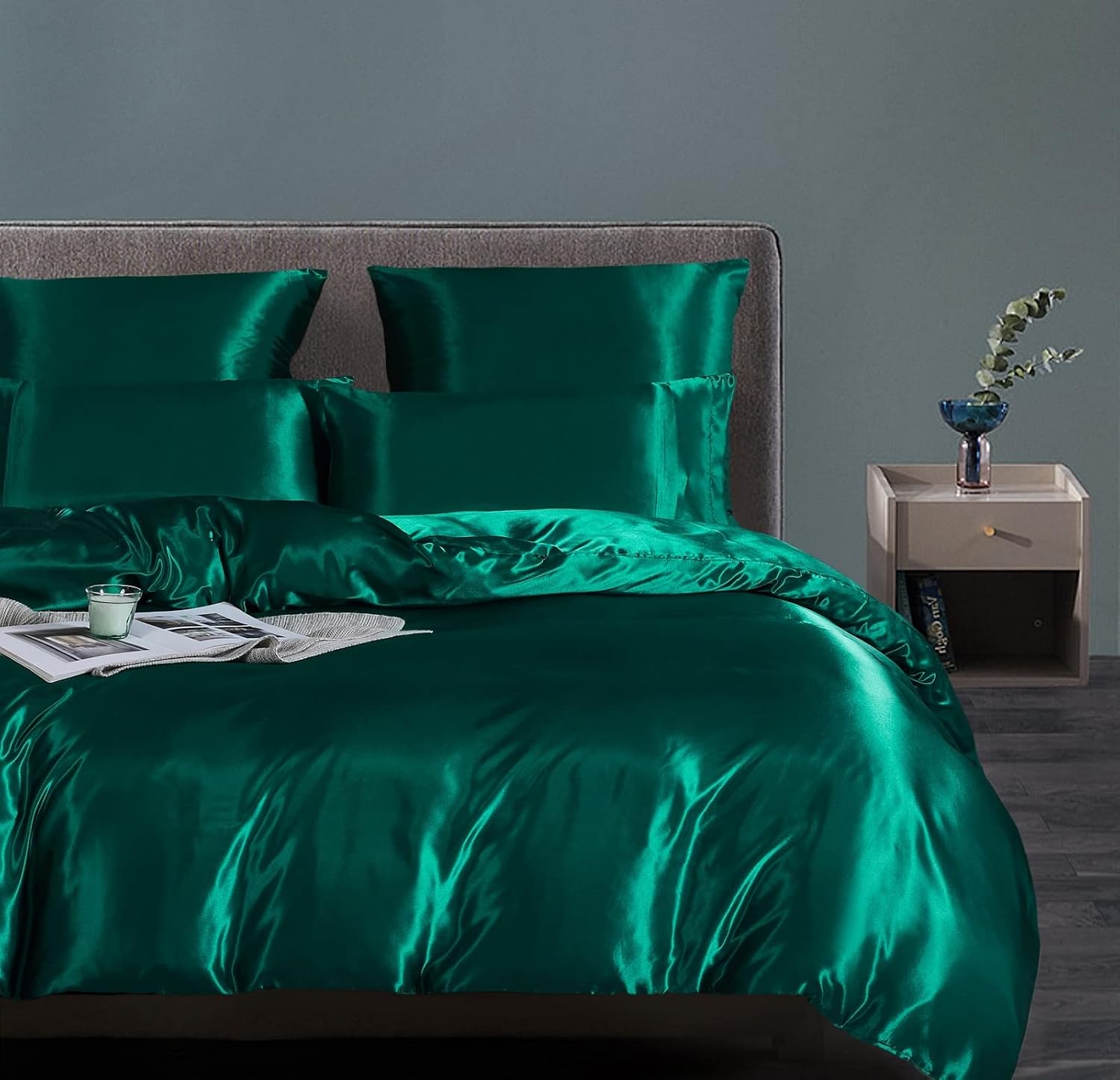 Detalle de Luofanfei Housse de Couette 240x260 Vert foncé Satin – Parure Unie 2 Personnes avec 2 Taies 65x65 cm