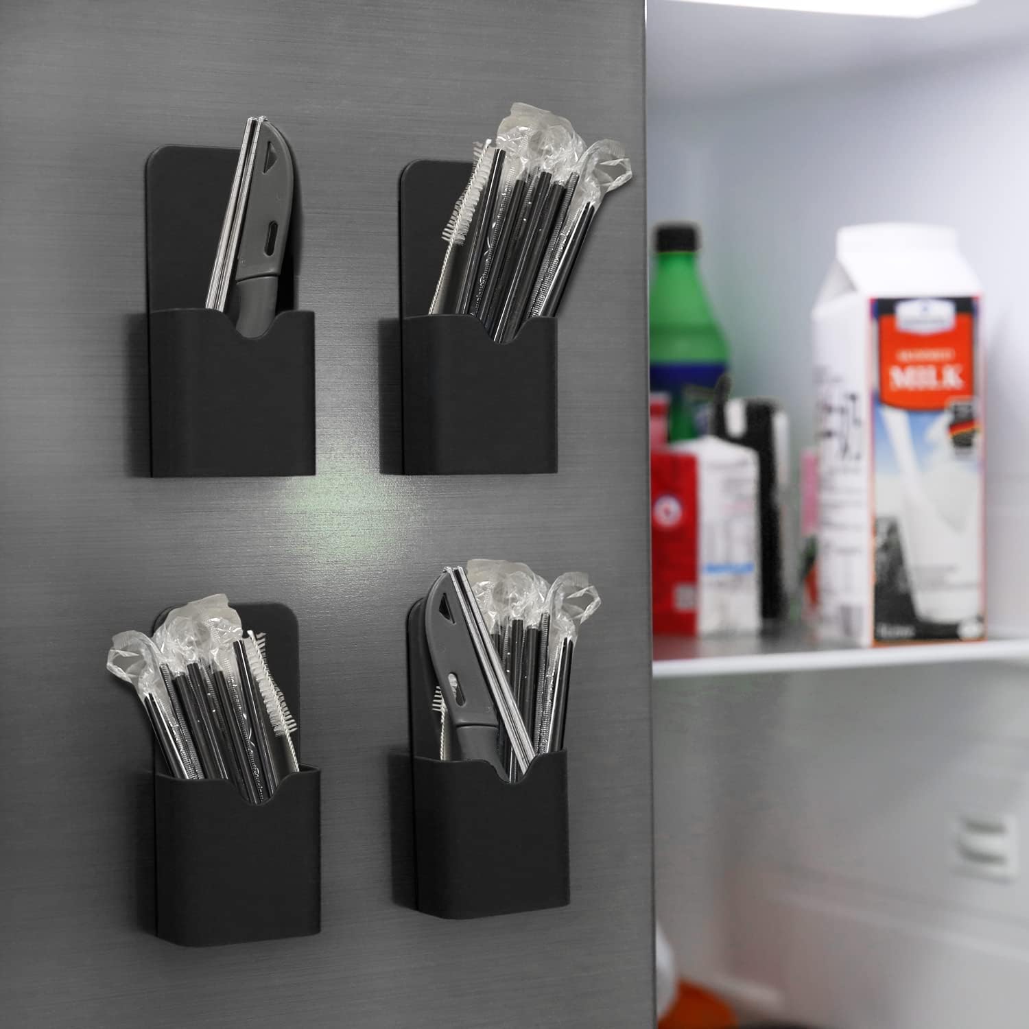 Detalle 2 de MoKo Magnetische Markerhalterung (4er-Set) für Whiteboard, Kühlschrank & Co. – Stift-/Bleistift-Ablage mit Magneten, Schwarz