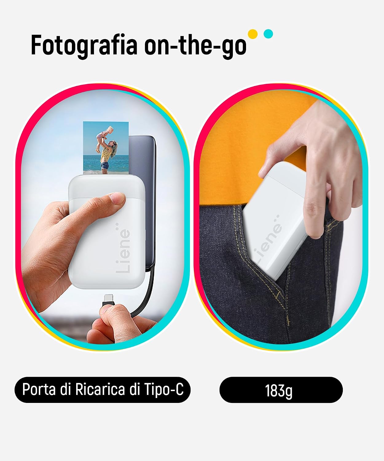 Detalle de Liene Pearl K100: stampante fotografica istantanea 2x3'' con 50 fogli adesivi e stampa Bluetooth