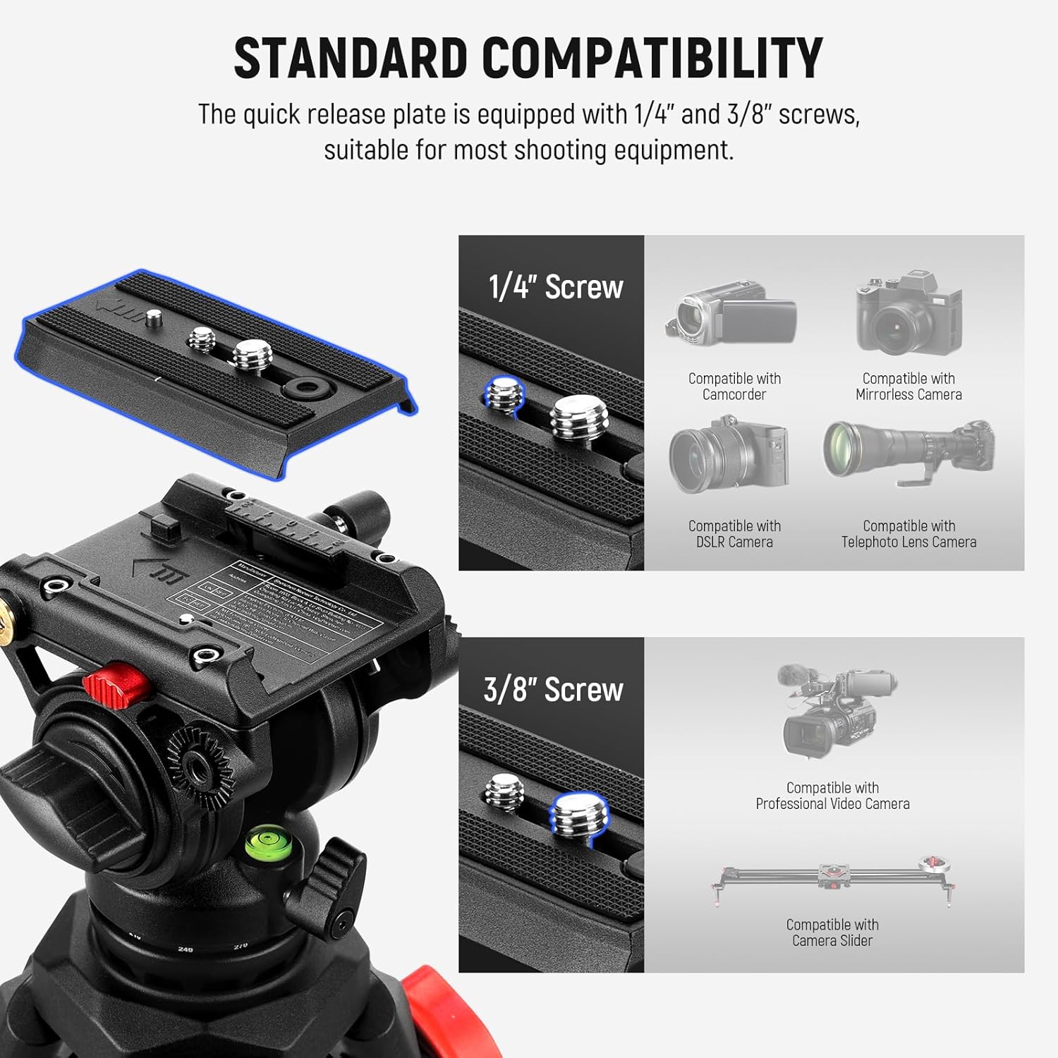 Thumbnail 6 de NEEWER Video Tripod with Fluid Head, TP73: Heavy-Duty aluminium yet portable for DSLR, Camcorder and DJI gimbals