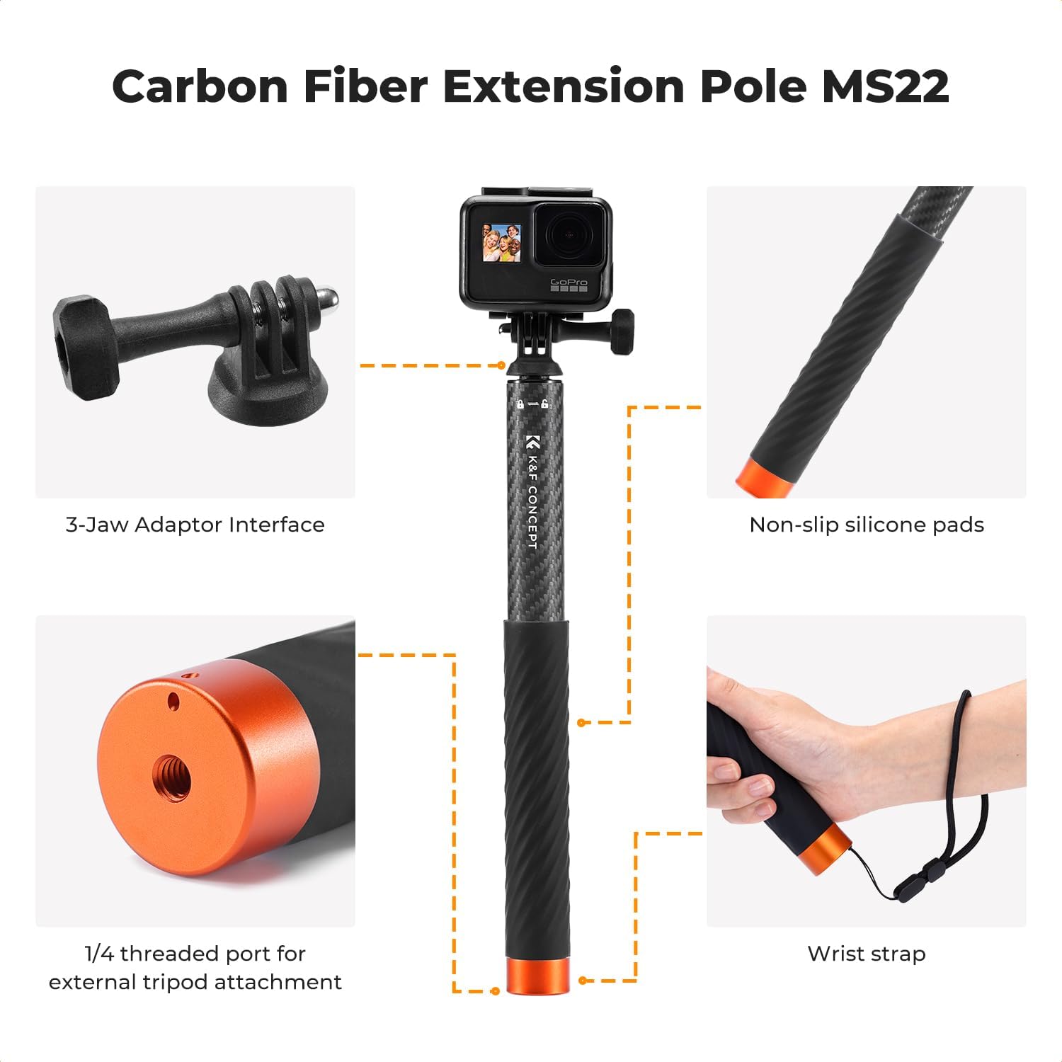 Detalle 2 de K&F Concept MS21 Carbon Fibre Selfie Stick – 2 in 1, Invisible Design, Extendable to 120 cm
