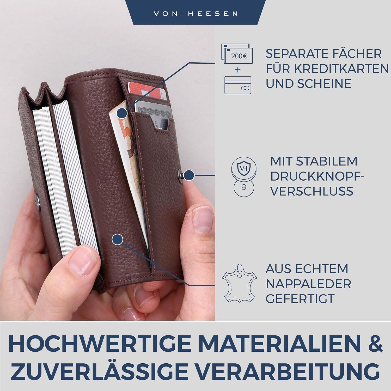 Detalle 2 de VON HEESEN Visitenkartenetui Leder mit RFID-Schutz – 50 Karten, 6 Fächer, Braun
