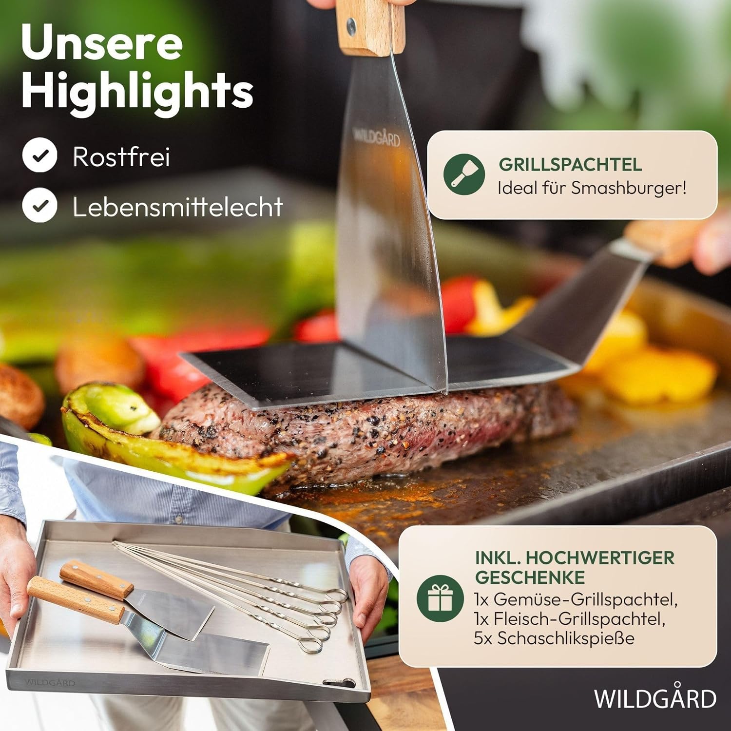 Detalle de WILDGÅRD Grillplatte Plancha 40 x 30 cm aus rostfreiem Edelstahl – inkl. 2 Grillspachtel & 5 Spieße