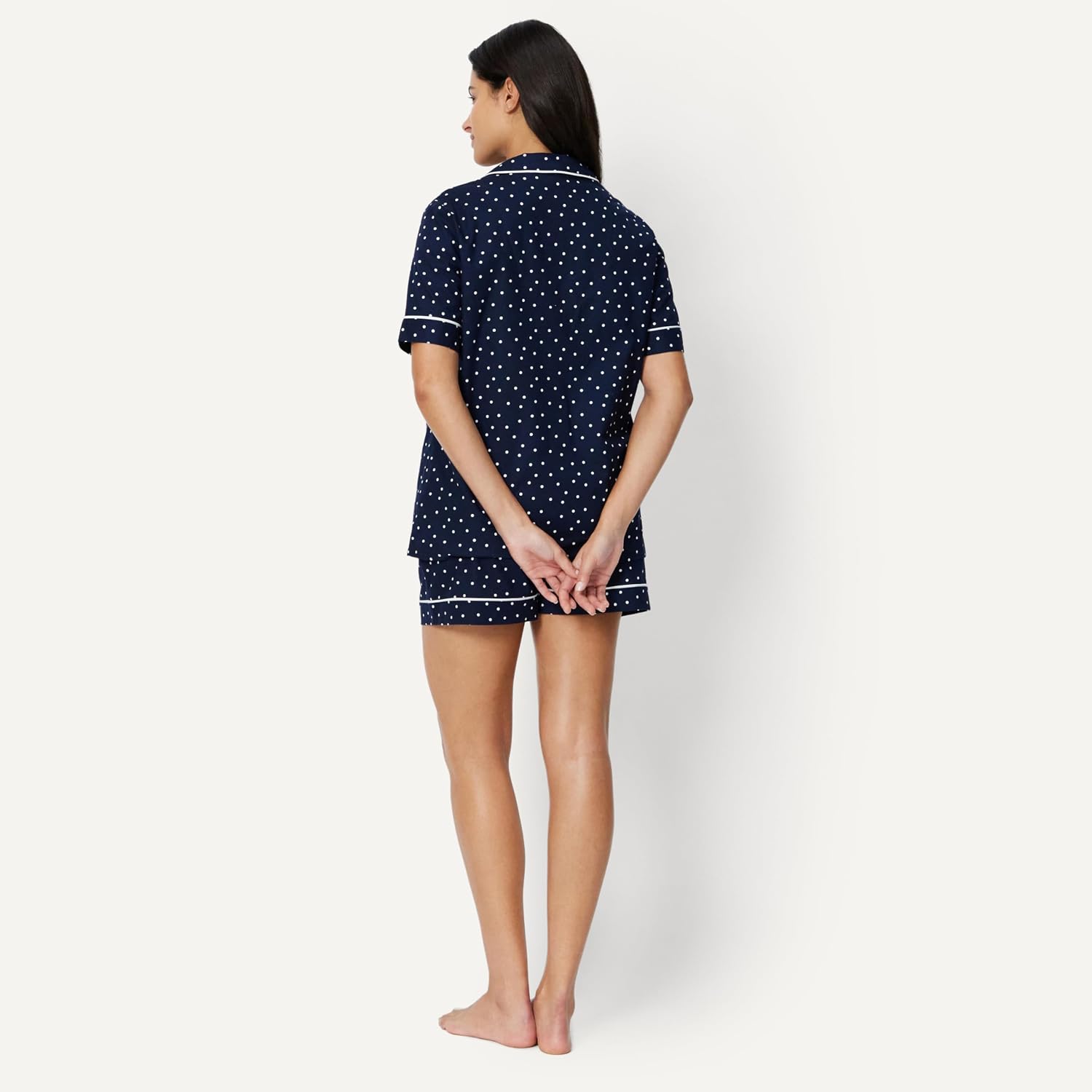 Detalle de Amazon Essentials Damen Schlafanzug aus Baumwoll-Stretch-Popeline, Kurzarm + Shorts