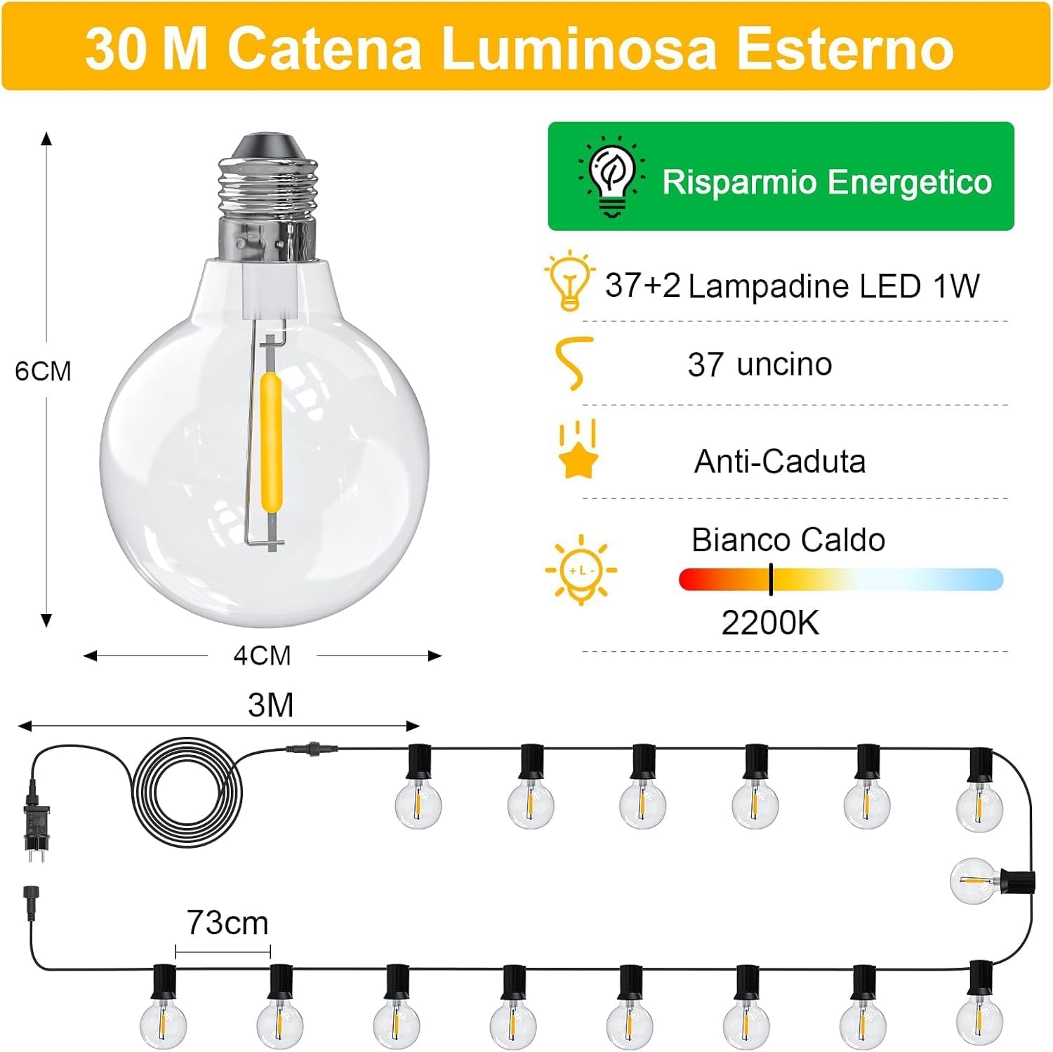Thumbnail 4 de Catena Luminosa Esterno 30M IP65 con Luci LED G40 Dimmerabili e Telecomando – Giardino, Terrazze e Festività