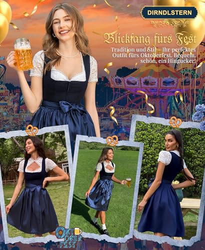 Detalle de DIRNDLSTERN Damen-Dirndl München Nachtblau – Midi, ohne Schnürung, Rock 60 cm, Gr. 42