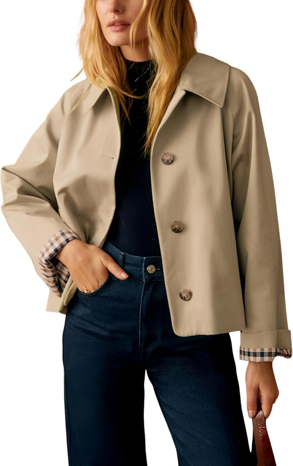 Detalle de Tanming Cropped Trench Coat for Women with Plaid Cuff Lining and Side Pockets