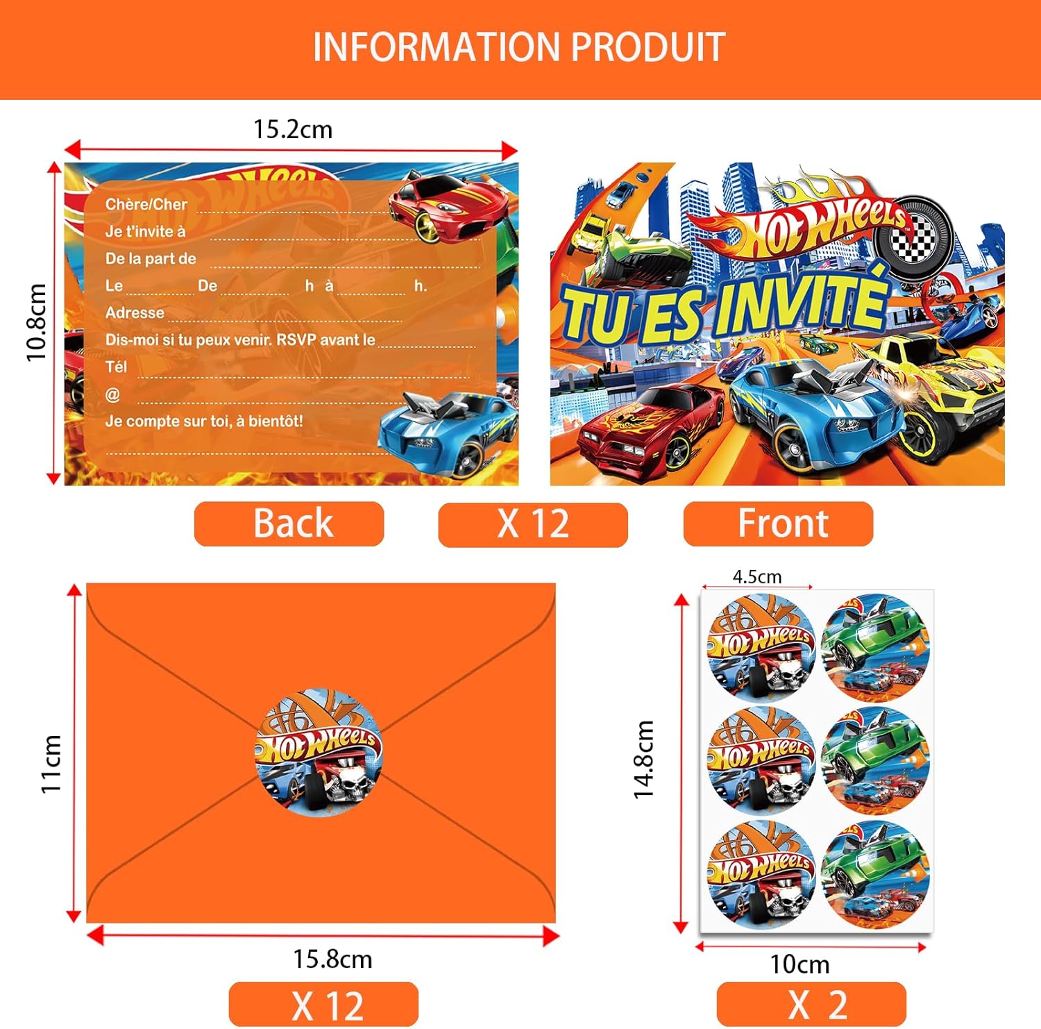 Thumbnail 1 de Ctxtqtdt : lot de 12 cartes d’invitation Hot Wheels pour anniversaire (A6) avec enveloppes
