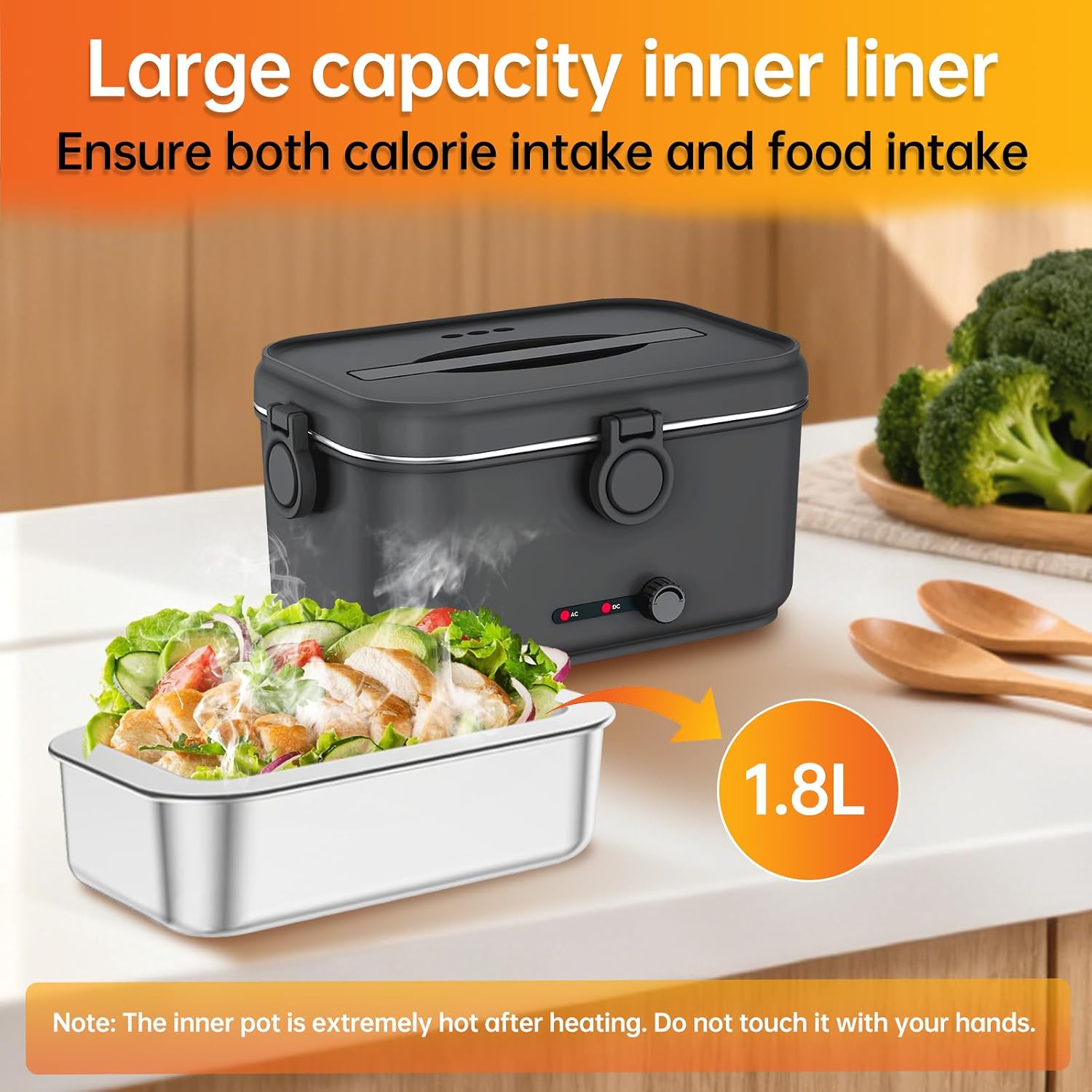 Detalle de Mangoin Heated Electric Lunch Box for Adults, 80W Portable Food Warmer (1.8L Stainless Steel) with Car/Home Flexibility