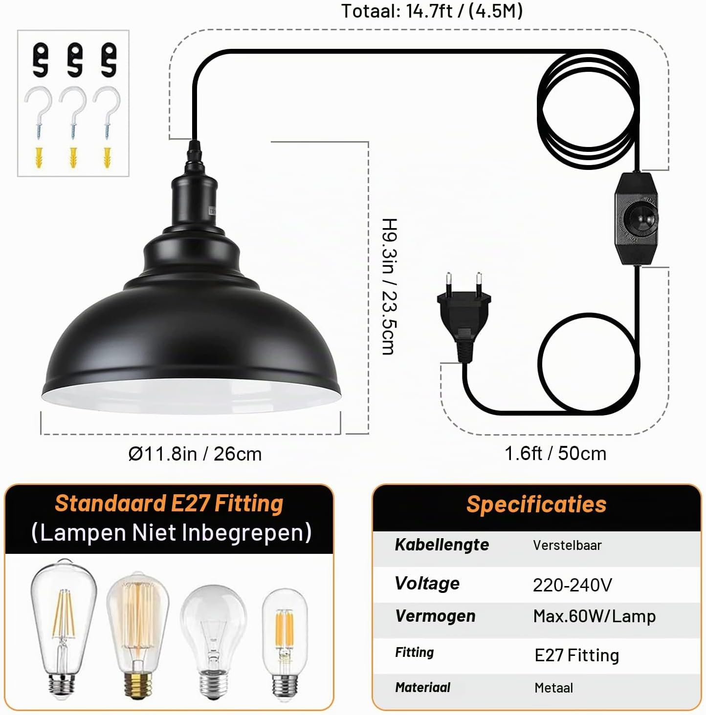 Thumbnail 2 de Linkenail CTDD-HS-SZ vintage hanglamp set van 2, E27, zwart met dimmer