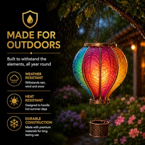 Detalle de Festive Lights 45cm Solar Hot Air Balloon Lantern – Rainbow Stain Outdoor Hanging LED Garden Light