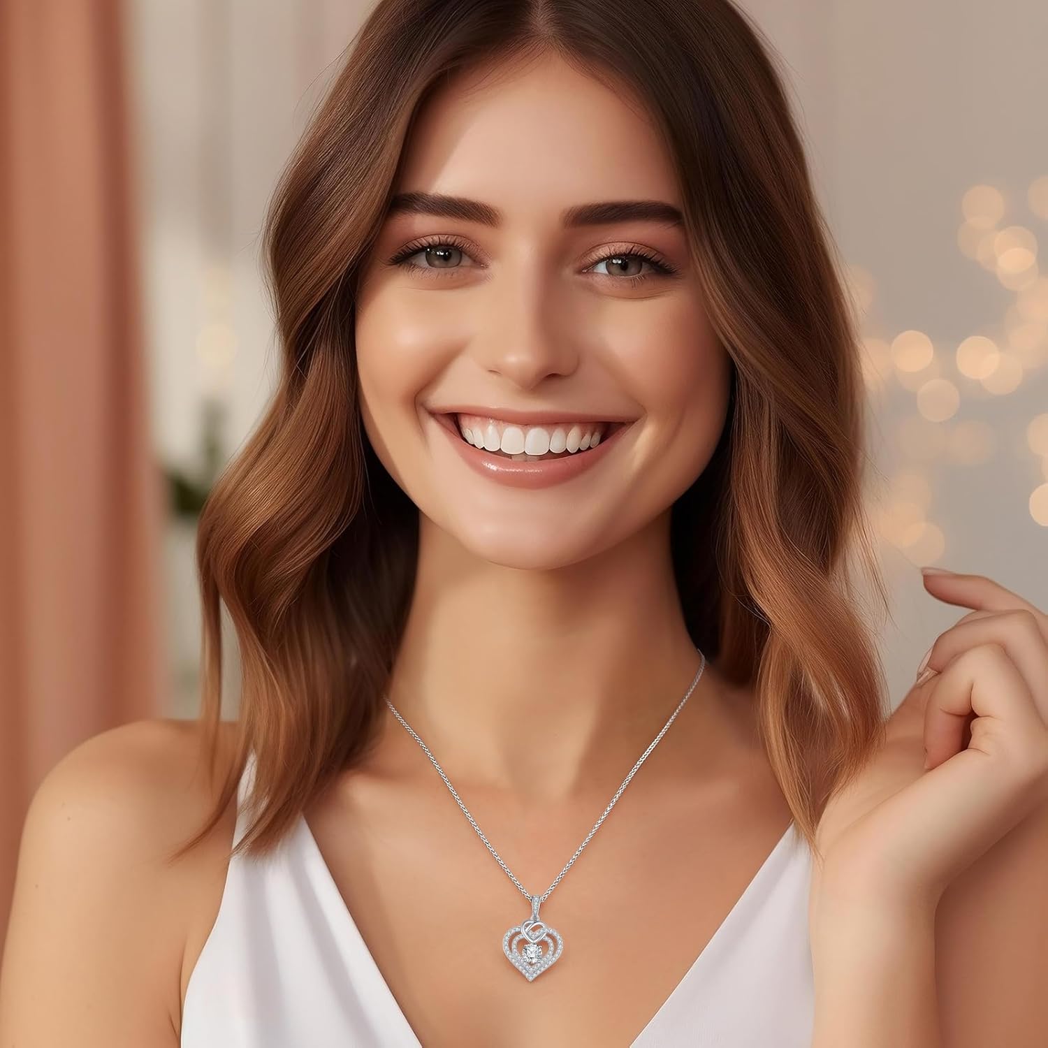 Thumbnail 2 de CDE Moissanite-Doppelherz-Halskette aus Sterling Silber 925 (VVS1, Farbe D) mit verstellbarer Länge