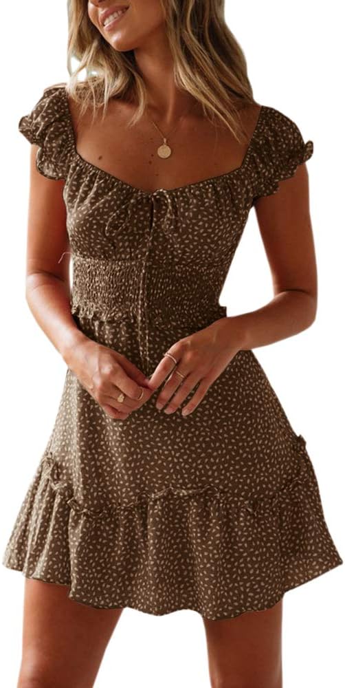 Detalle de YOBECHO Women's Summer Ruffle Sleeve Sweetheart Neckline Print Dress (Mini Dress)