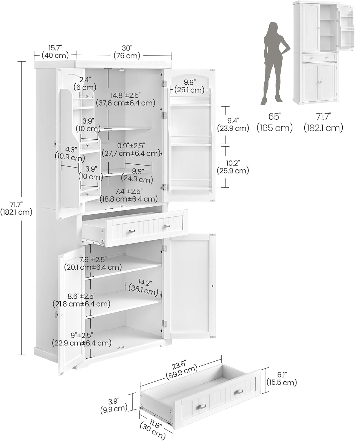 Detalle de VASAGLE BBC561W21 Tall Pantry Cupboard, White, Drawer and Adjustable Shelves