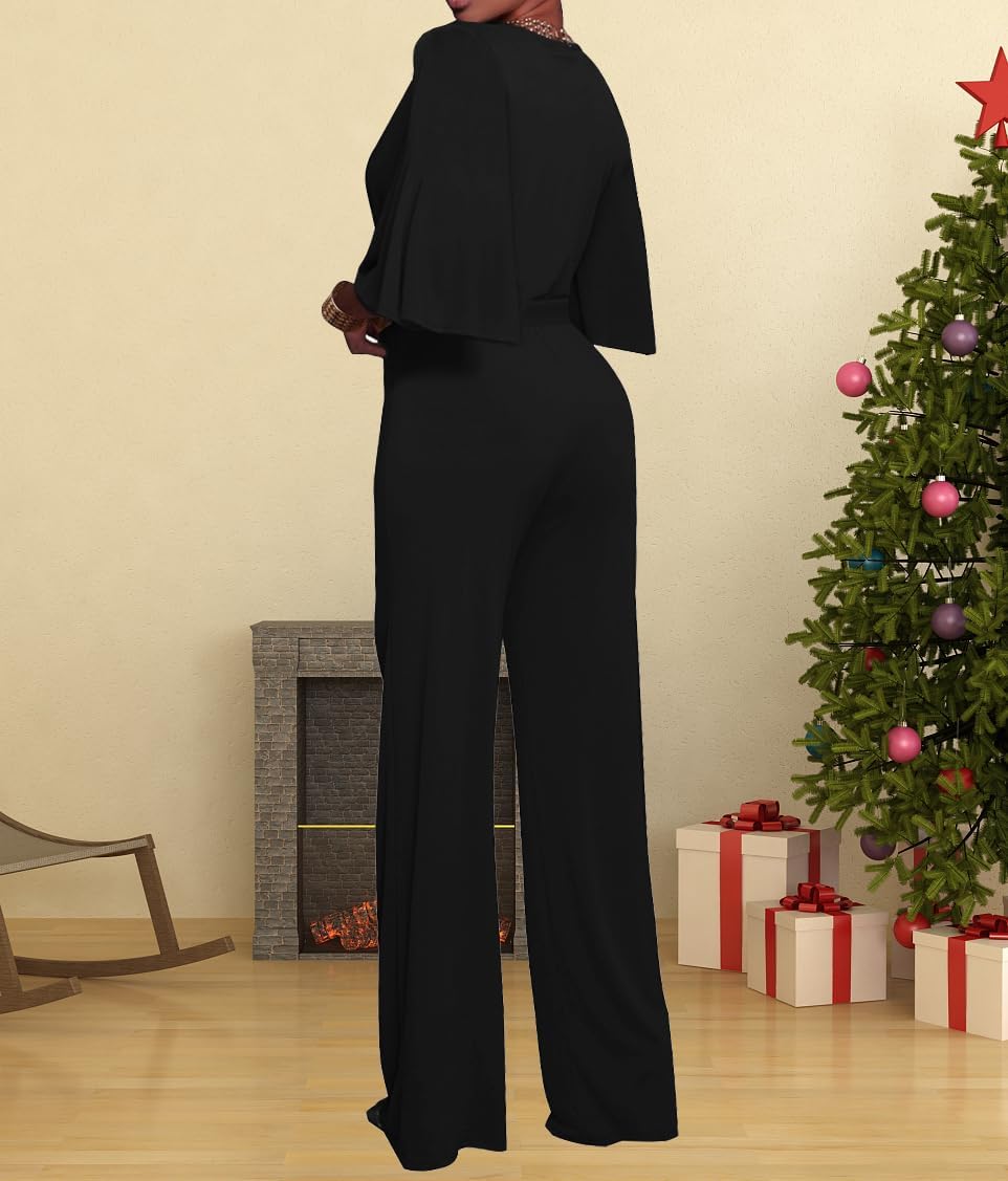 Detalle de BessCops Women’s Loose Short Sleeve Belted Wide-Leg Pant Romper Jumpsuit