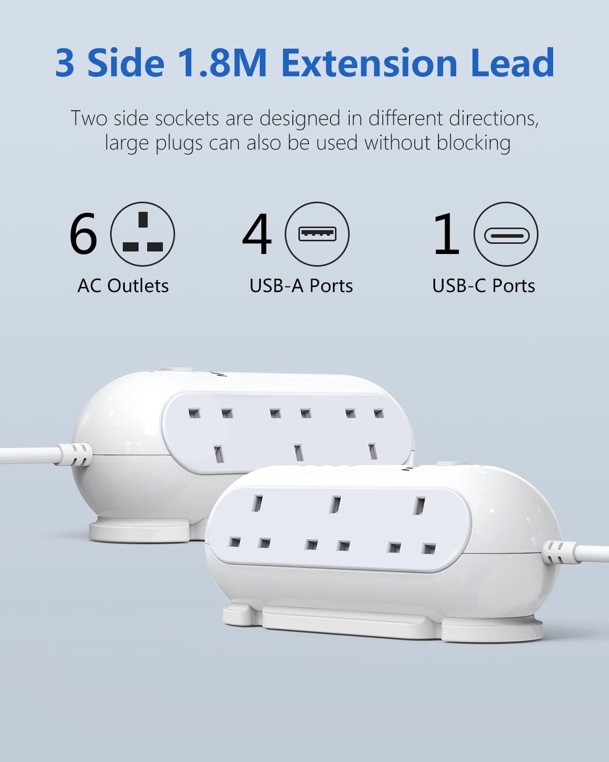 Thumbnail 1 de Mscien Extension Lead with USB Slots – 6 Way Sockets, 1.8m Cable, UK Plug