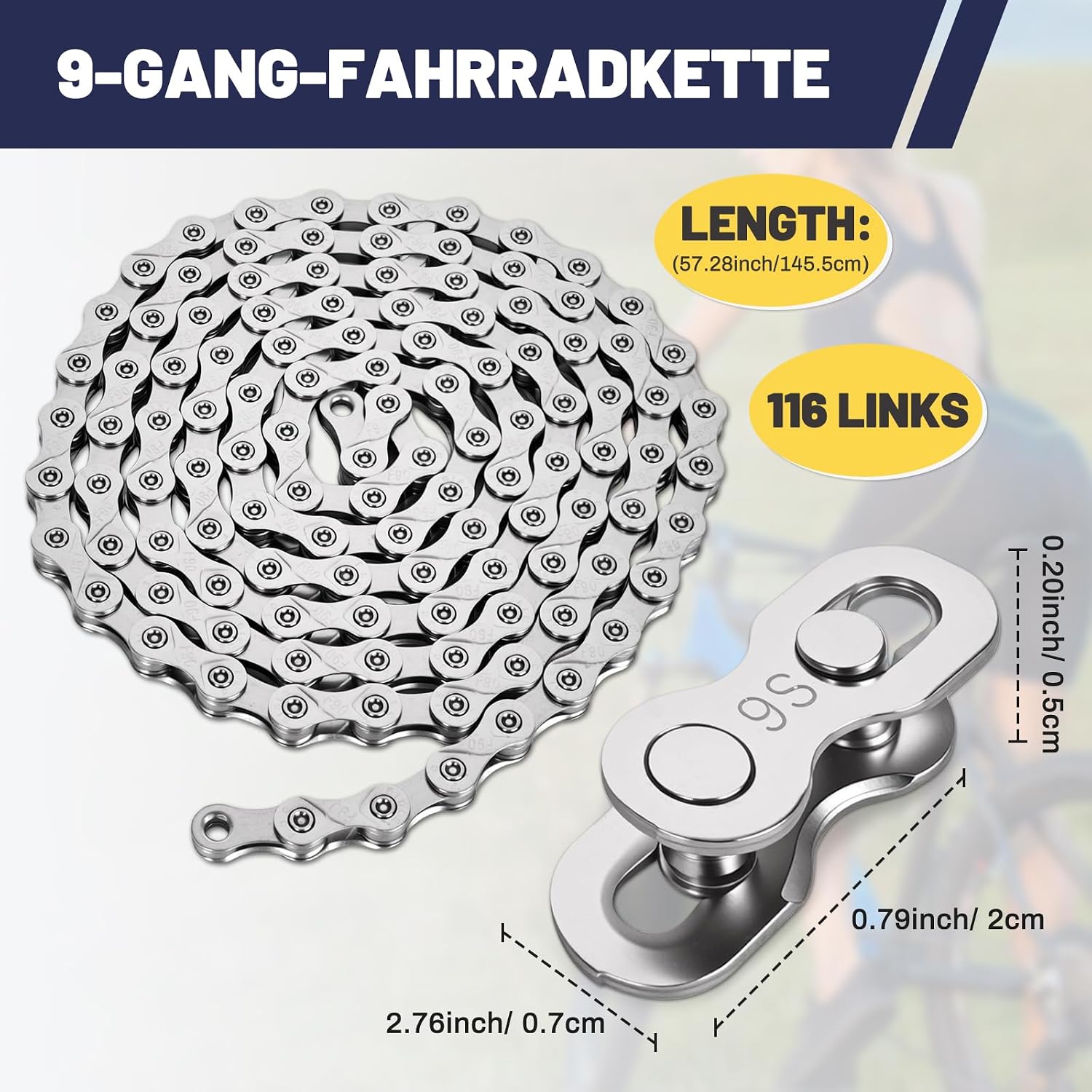 Detalle de Wicbb 9-fach Fahrradkette 116 Glieder mit Kettenschloss – 9S MTB/Rennrad