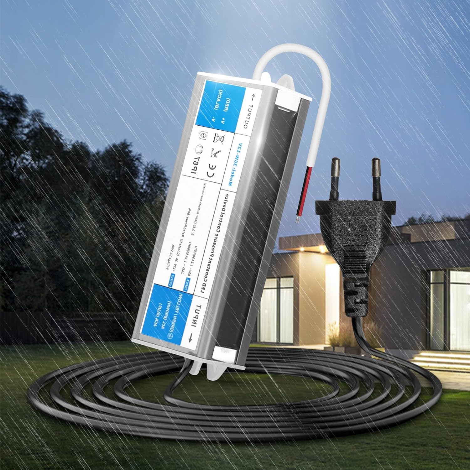 KSIBNW Trasformatore LED 12V 36W (IP67) con driver esterno e spina UE, ingresso AC 85–265V