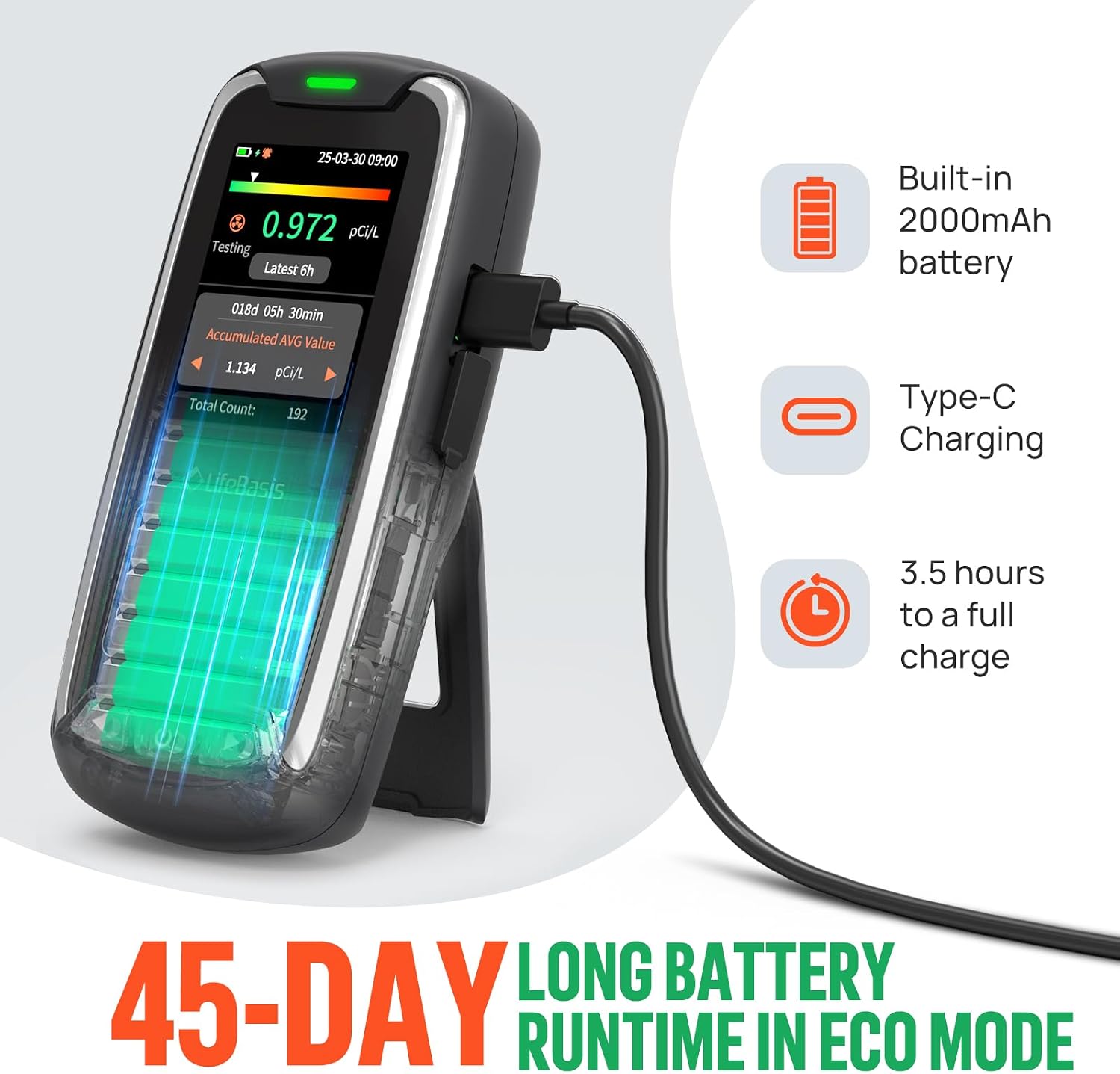 Detalle 1 de LifeBasis Rechargeable Radon Detector with Audible and Visual Alarms
