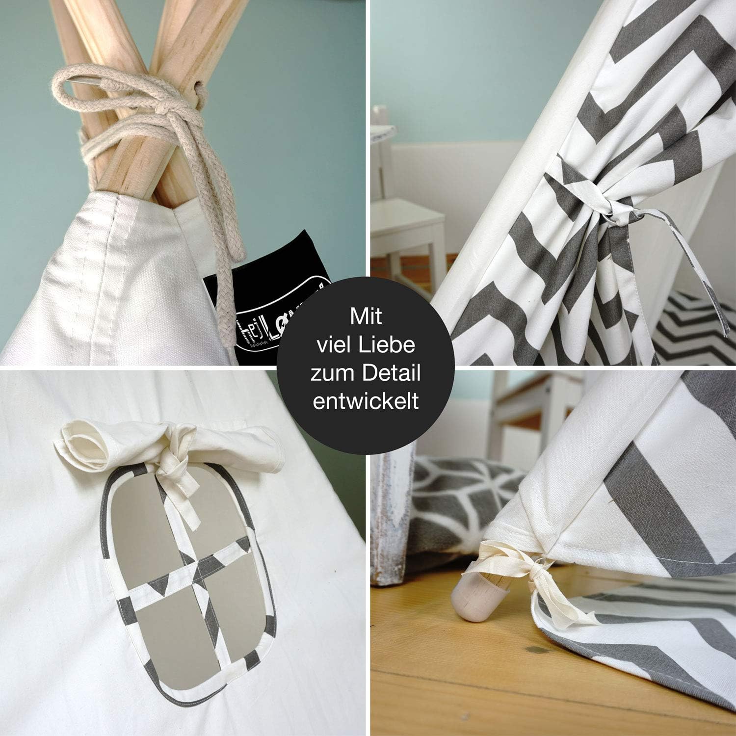 Detalle 2 de p:os Hej Lønne - Tenda Tipi Bianca con punte grigie per bambini