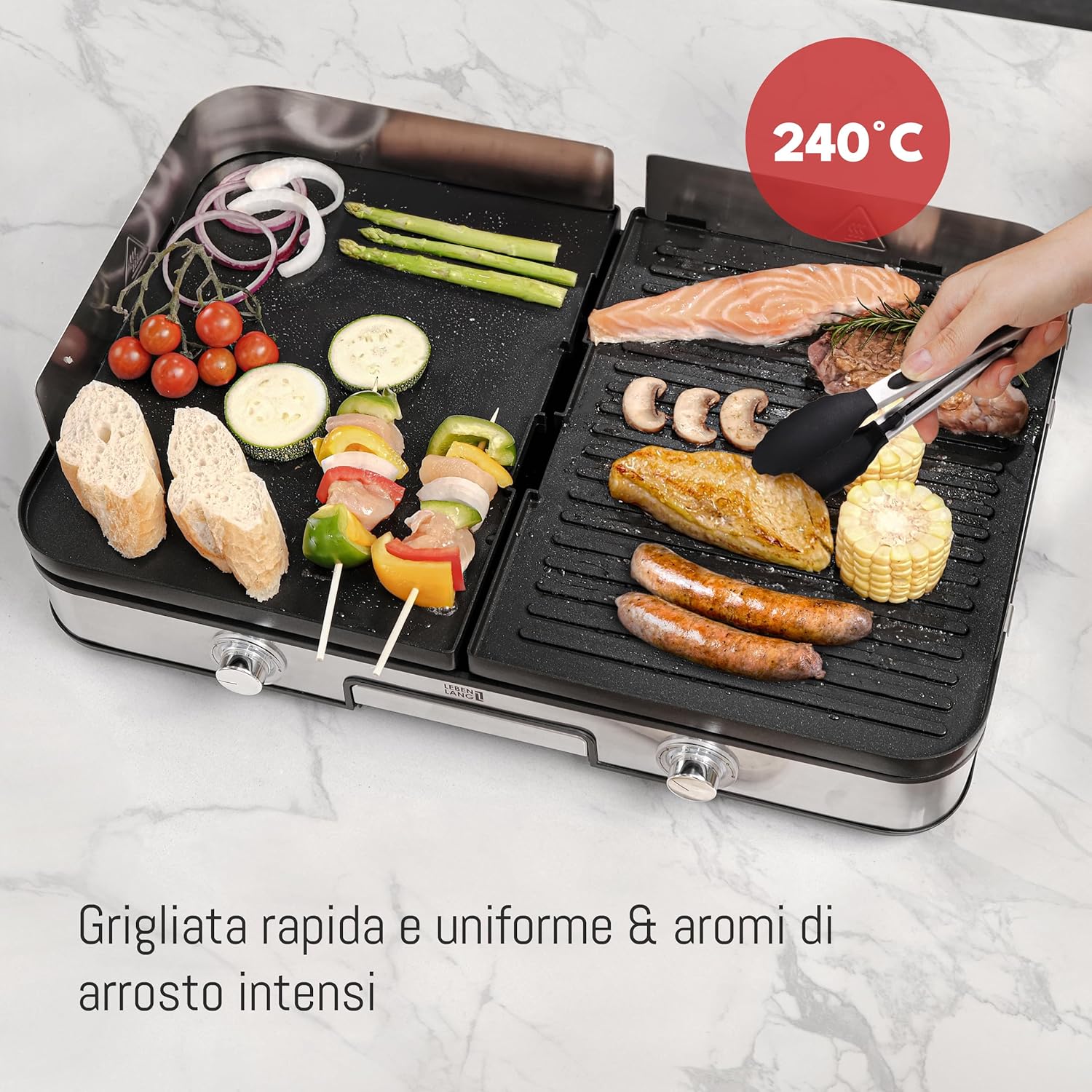 Detalle de LEBENLANG griglia elettrica XXL 2400W con pinze e paraspruzzi (uso interno ed esterno)