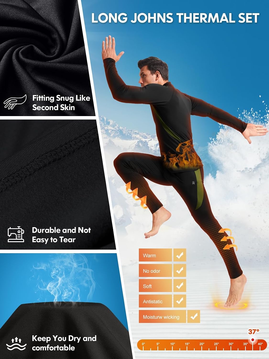 Detalle de romision Men's Thermal Underwear Set, Fleece-Lined with 4-Way Stretch