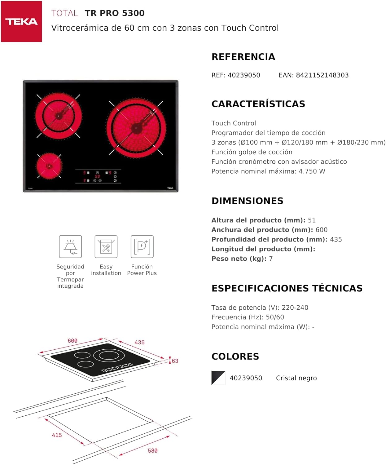 Thumbnail 5 de Teka TR PRO 5300 Vitrocerámica 3 Fuegos ⚫ Control táctil