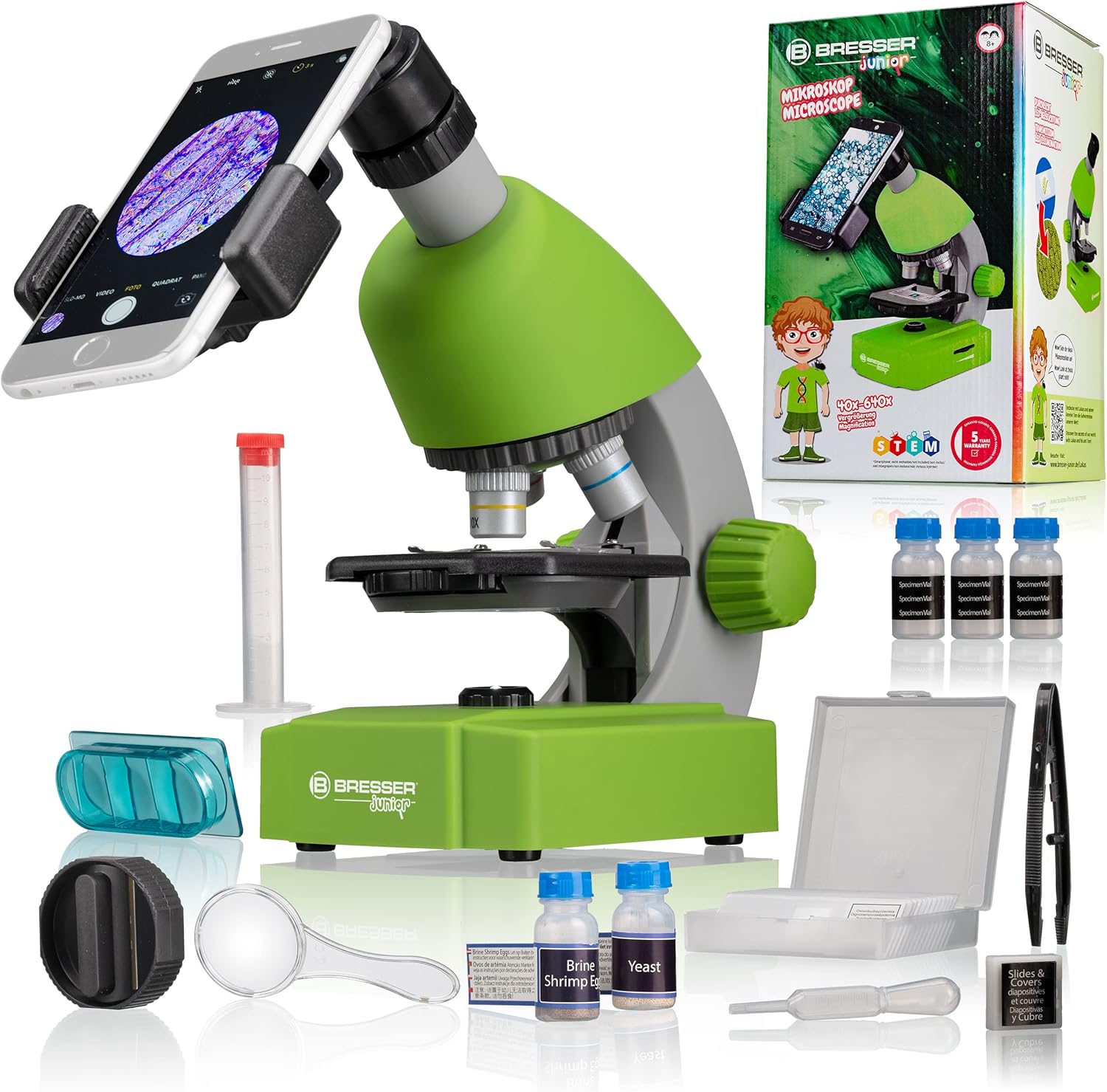 Detalle de Bresser Junior Kinder Mikroskop 40x–640x mit LED, Zoom-Okular und Smartphonehalter (ab 8 Jahren) – Urzeitkrebse-Set