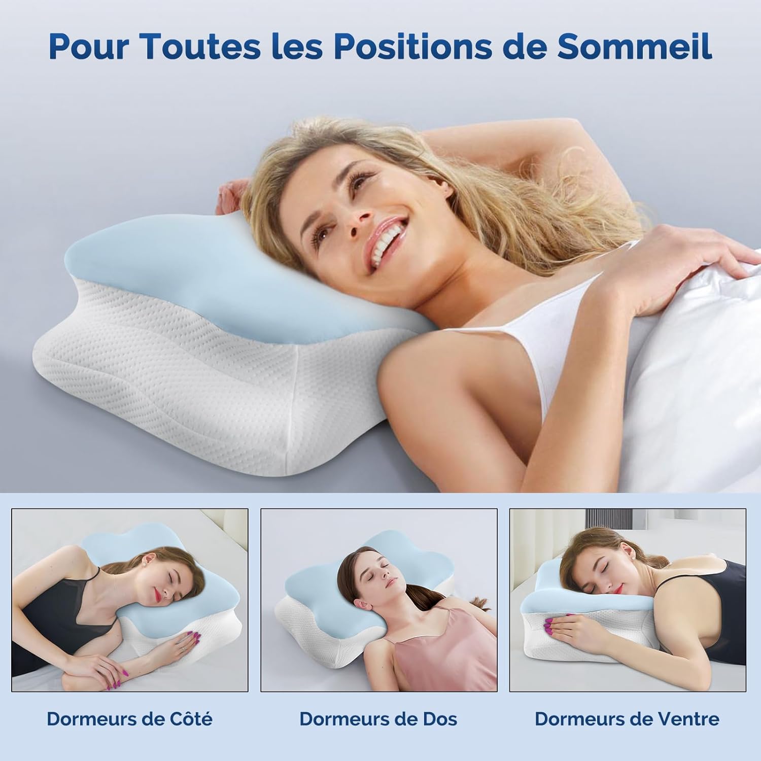 Thumbnail 4 de Silkena Oreiller Coussin Memoire de Forme – Ergonomique et Respirant, idéale pour dormir sur le côté, le dos ou le ventre (Bleu et Blanc)