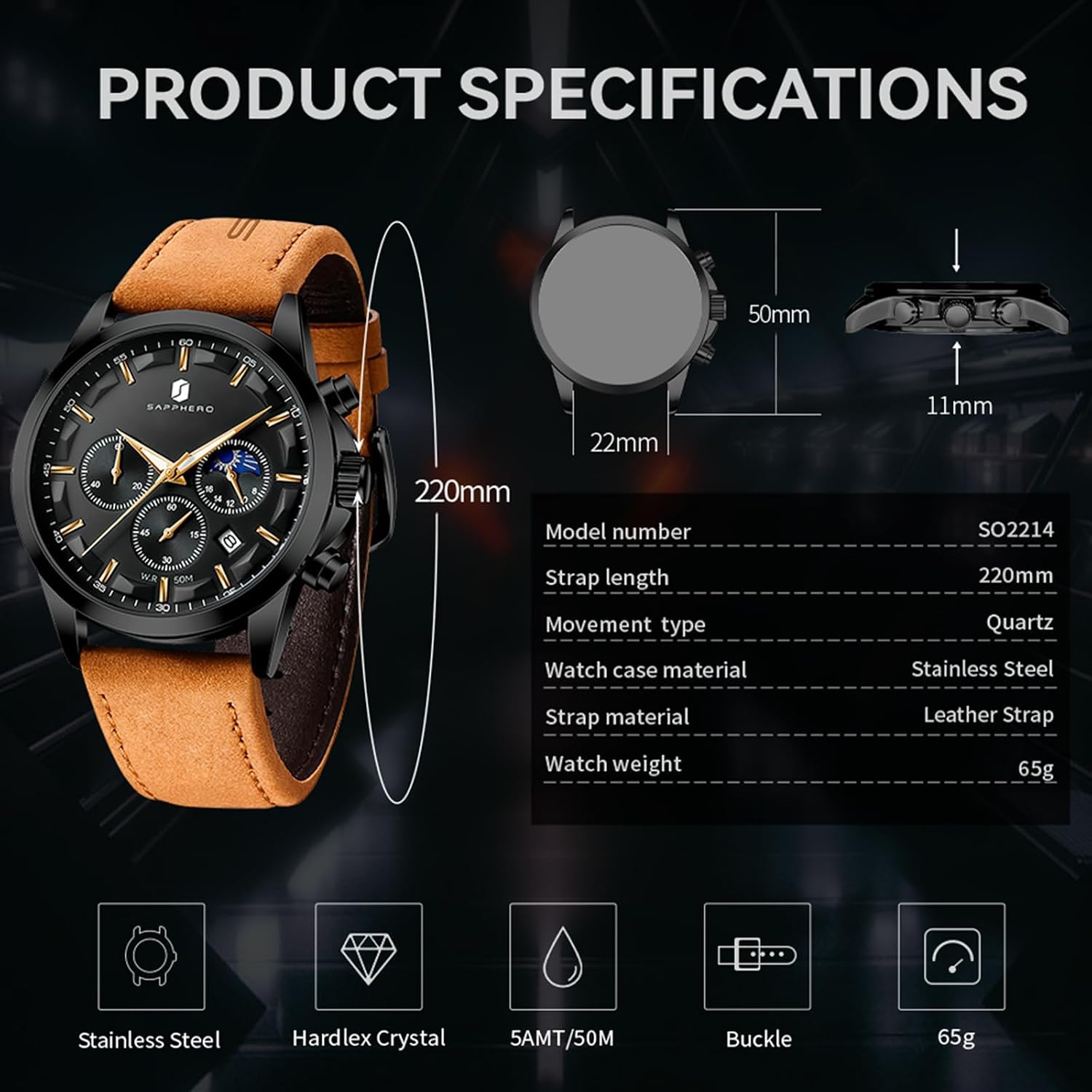 Detalle de BENYAR BY Herrenuhr Chronograph – wasserdicht, Edelstahlarmband, Quarz, 30 m, elegant