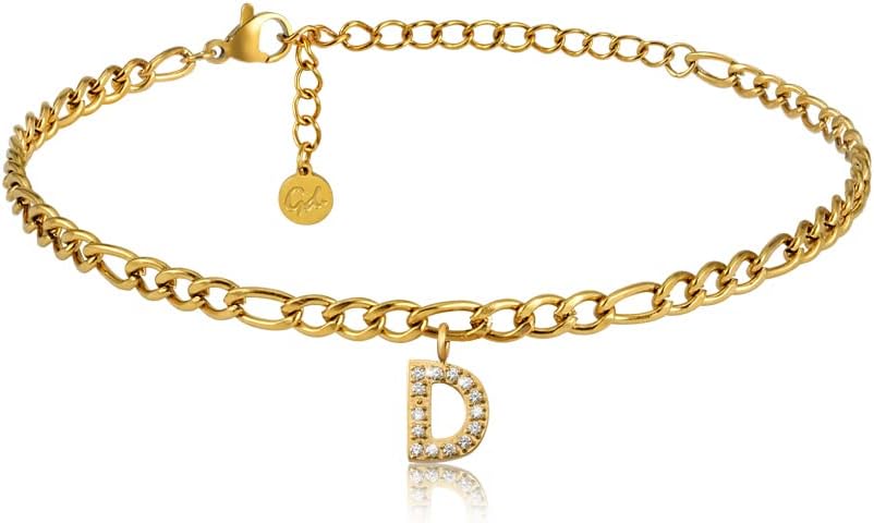 Detalle de GD GOOD.designs EST. 2015 Bracelet de cheville or 18K plaqué - initiales pailletées, ajustable 22–27 cm