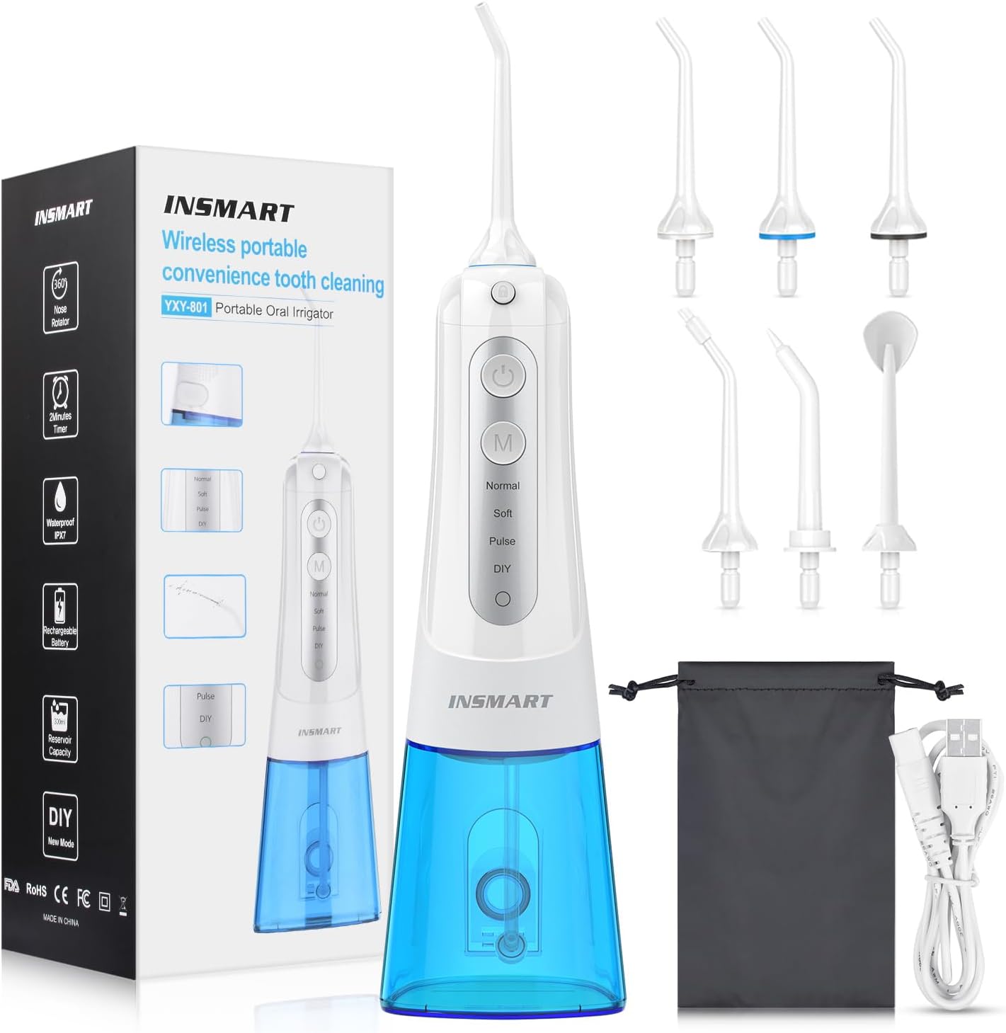 Detalle 2 de INSMART Cordless Water Flosser: 300 ml Tank, 3 Modes, USB Recharge, IPX7, Travel Ready