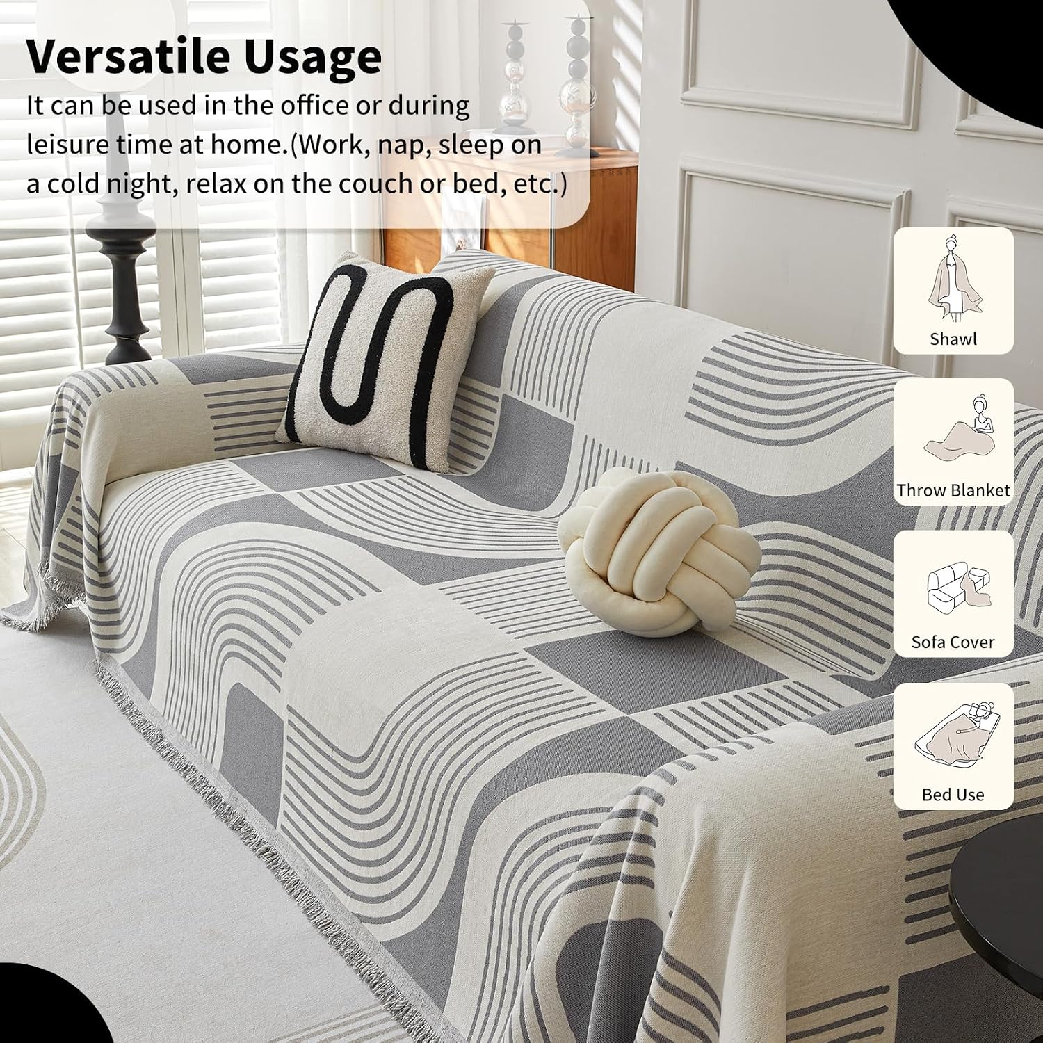 Detalle de WEYOND Boho chenille couch cover sofa slipcover (grey) – 230 x 380 cm