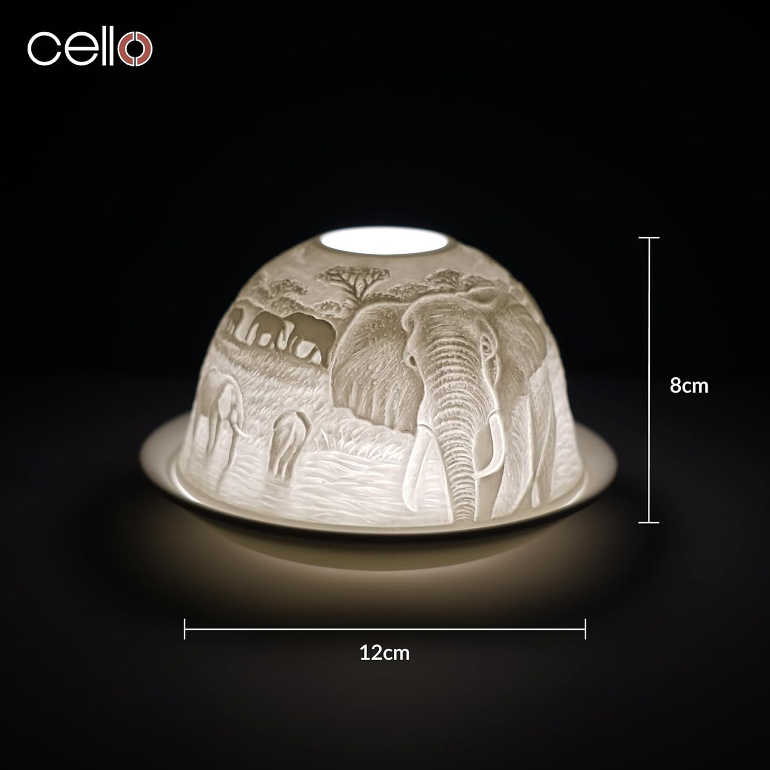 Thumbnail 2 de Porzellan-Teelichthalter „Cello“ mit Elefanten-Design (3D-Bild projizierend) – für Teelichter oder LEDs