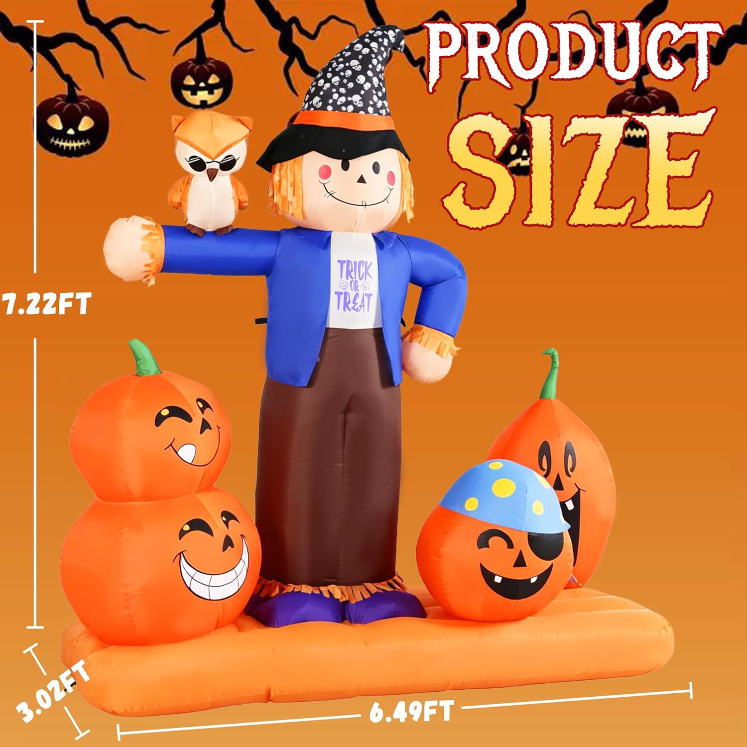 Detalle 2 de GIFTFIND Halloween Inflatable Scarecrow with Pumpkins, Owl, and LED Lights