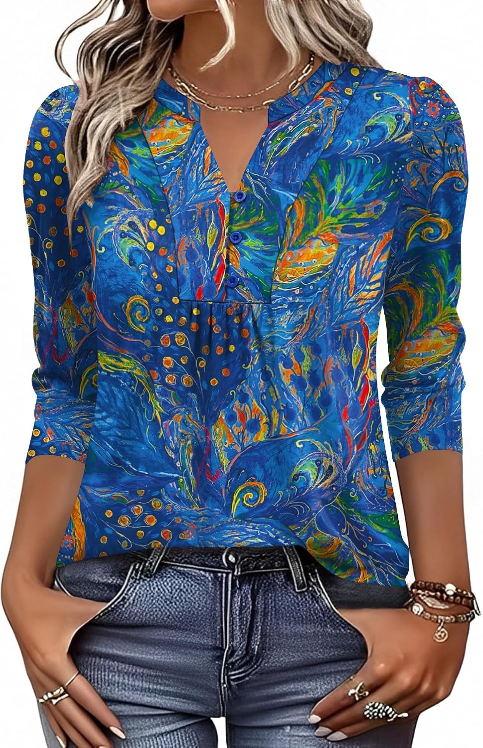 Detalle de IECCP 3/4 Sleeve Henley V-Neck Pleated Tunic Top for Women (Dressy Casual)