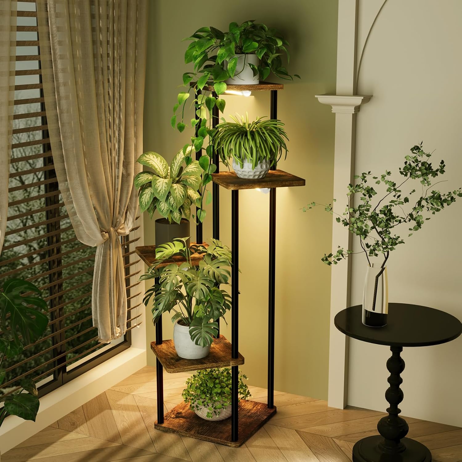 Thumbnail 2 de Bamworld Blumenständer mit Pflanzenlampe – 5-stufiges Regal aus Metall & Holz mit LED-Beleuchtung