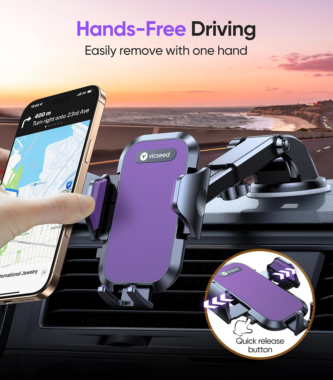 Thumbnail 6 de VICSEED Purple Phone Holder for Your Car — Upgraded True Military-Grade Strongest Suction, 360° Pivot